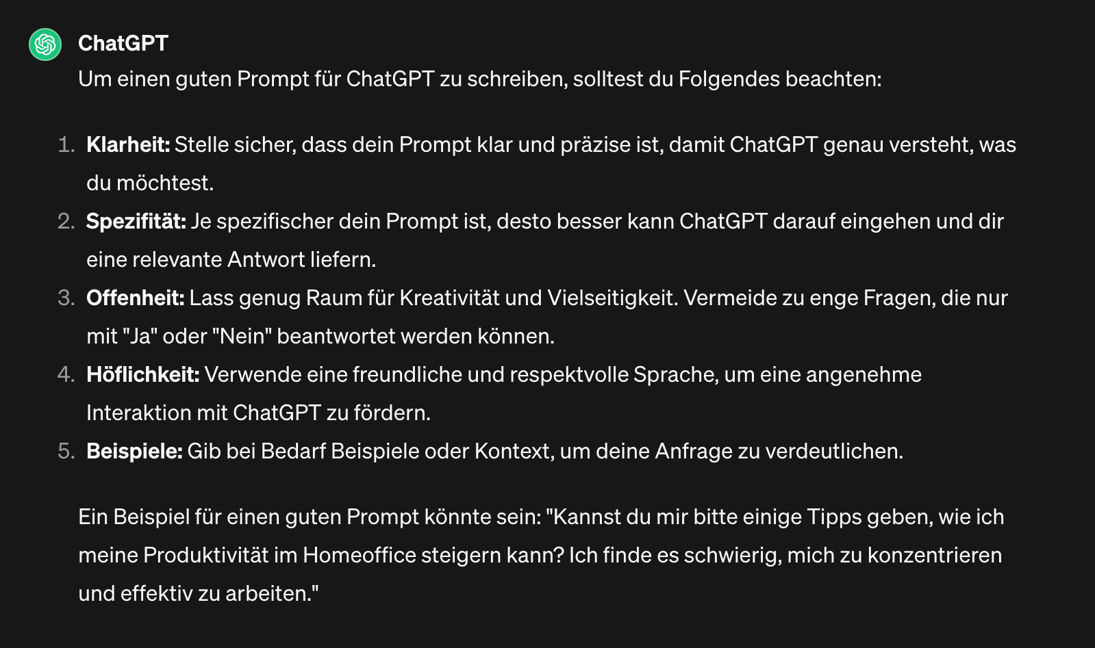 ChatGPTs Tipps für gute Prompts