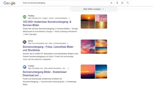Rich Results mit Bildern in der regulären Suche.